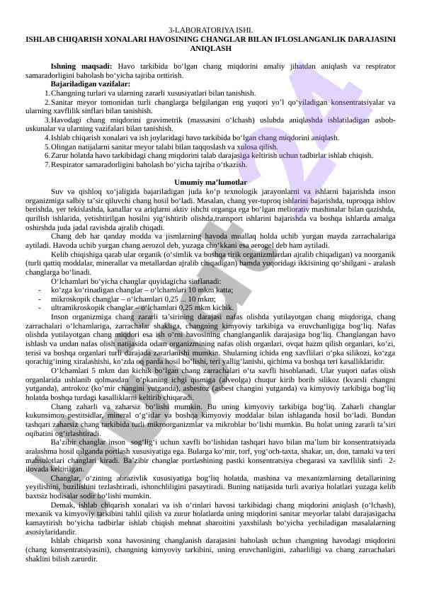 Havo tarkibida chang miqdorini aniqlash tajribalari