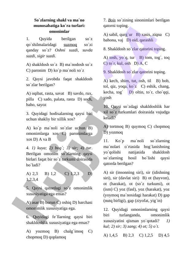 So'zlarning shakl va ma'no munosabatlari testi