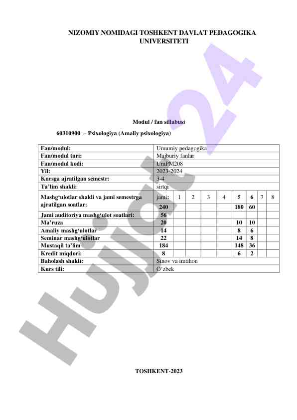 Umumiy pedagogika fanining ishchi o‘quv dasturi