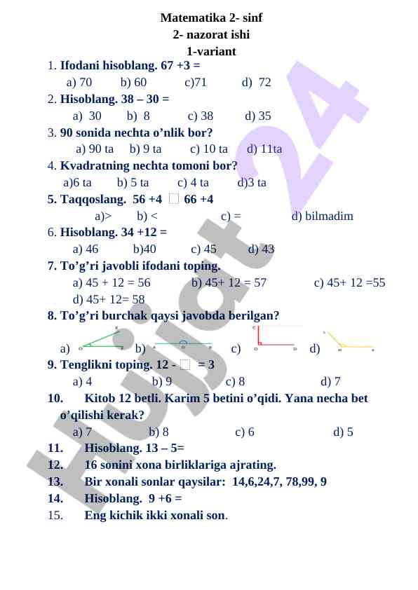 Matematika 2-sinf nazorat ishlari variants