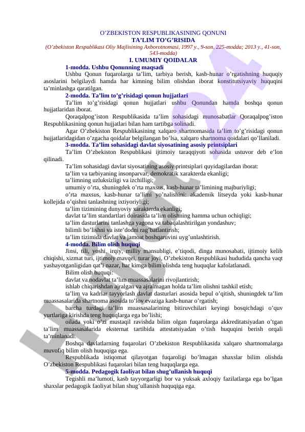 O’zbekiston respublikasining ta’lim qonuni kelishuvlari
