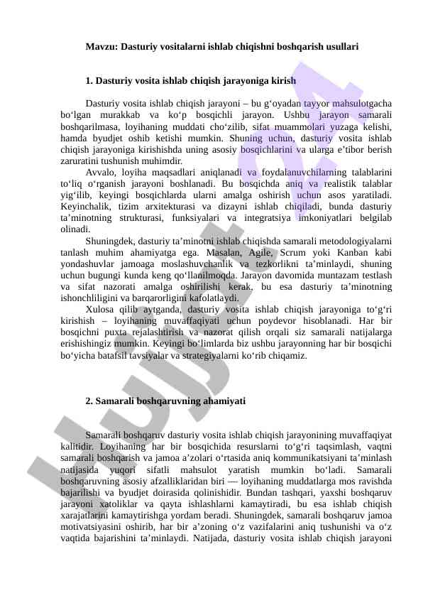 Dasturiy vositalarni ishlab chiqish jarayoni