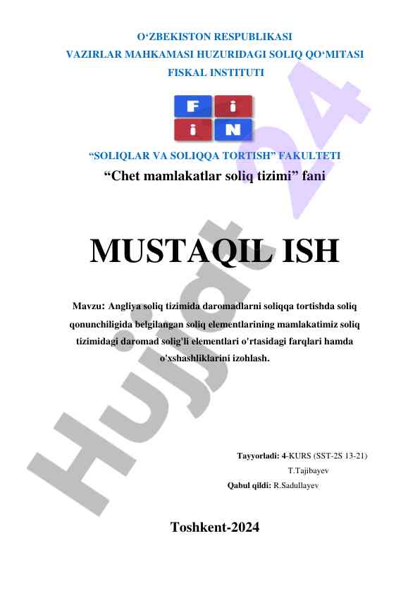 Chet mamlakatlar soliq tizimi bo‘yicha mustaqil ish