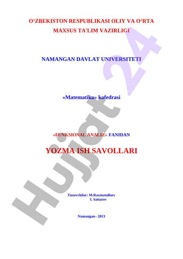 Funksional analiz fanidan yozma ish savollari
