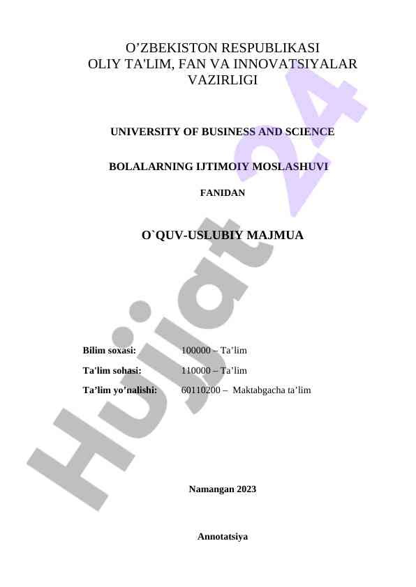 Bolalarning ijtimoiy moslashuvi fanidan o‘quv-uslubiy majmua