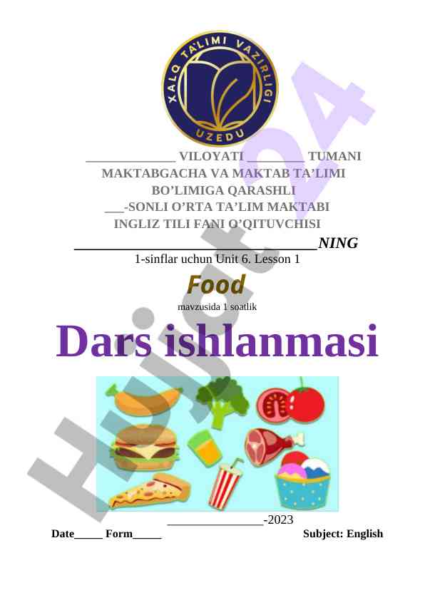 Unit 6 lesson 1 food dars ishlanmasi