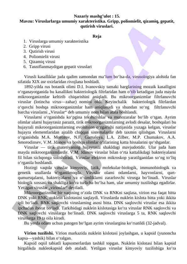Viruslarga umumiy xarakteristika va ularning turi