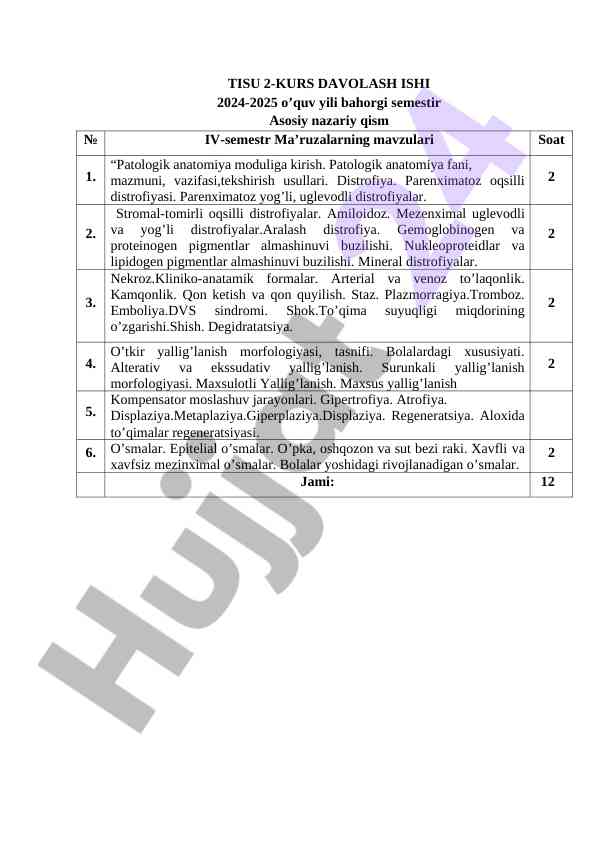 Tisu 2-kurs davolash ishi mavzulari 2024-2025