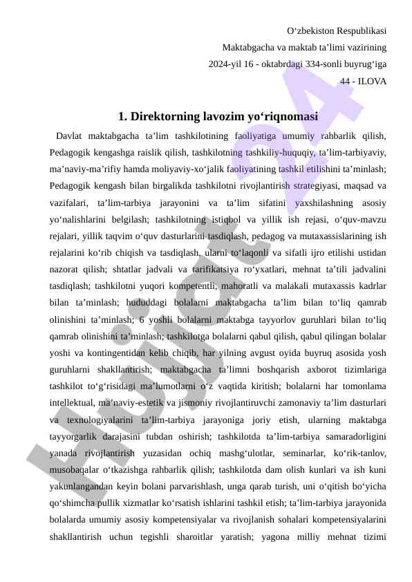 Maktabgacha ta'lim tashkilotining direktor yo'riqnomasi