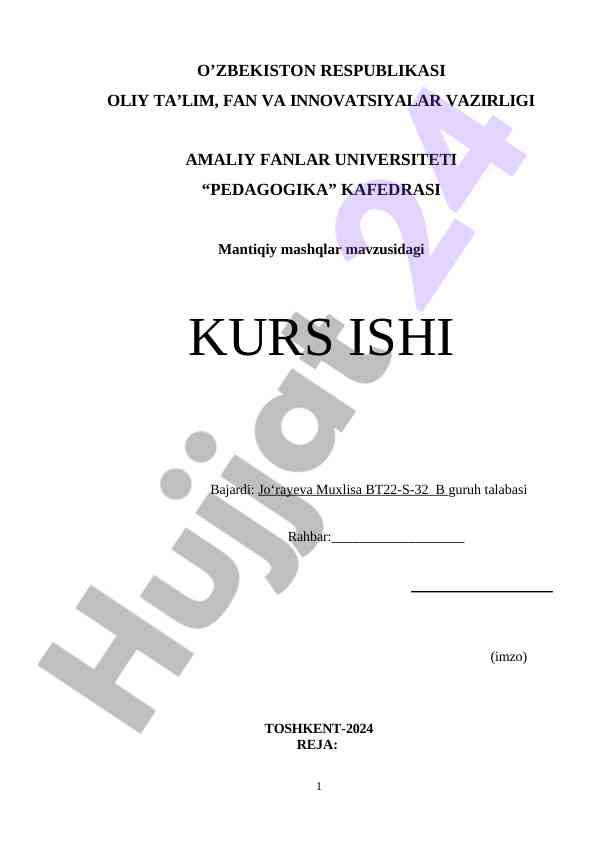 Boshlang'ich sinflarda mantiqiy mashqlar ustida kurs ish