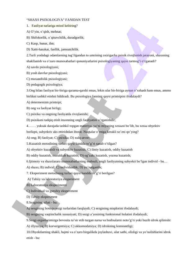 Shaxs psixologiyasi fanidan test savollari