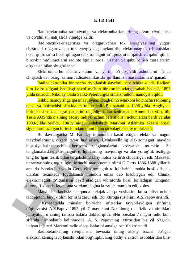 Radioelektronika va elektronikaning rivojlanishi