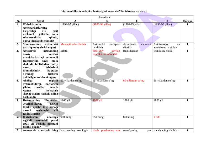 Avtomobillar texnik ekspluatatsiyasi va servisi testlari