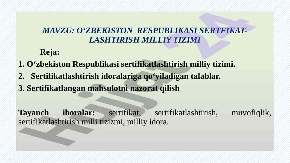 O‘zbekiston respublikasi sertifikatlashtirish tizimi