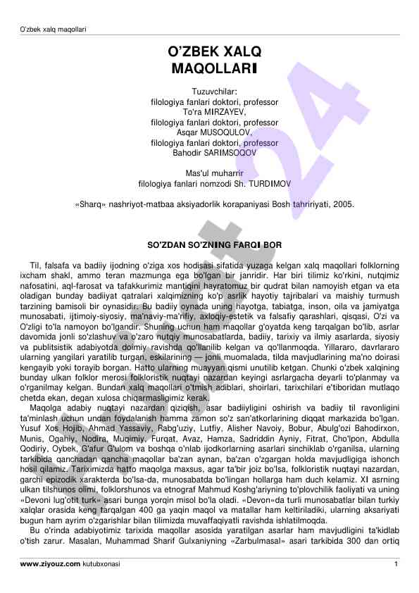 O'zbek xalq maqollari folklorining o'ziga xosligi