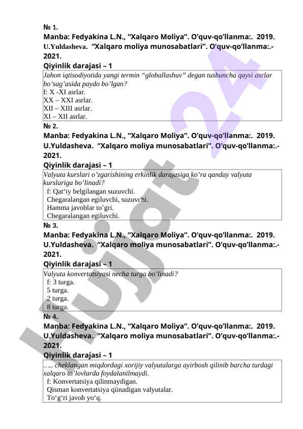 Xalqaro moliya o‘quv qo‘llanmasi savollar