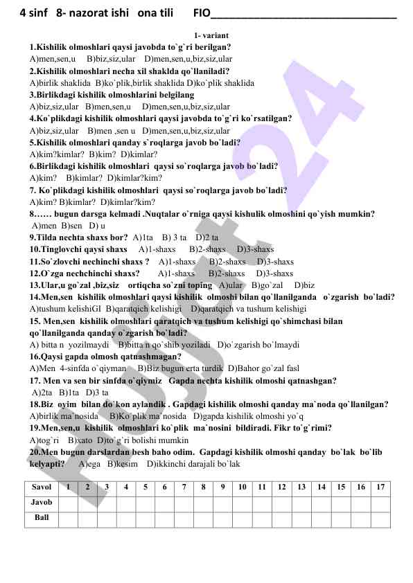 Kishilik olmoshlari testi 4 sinf