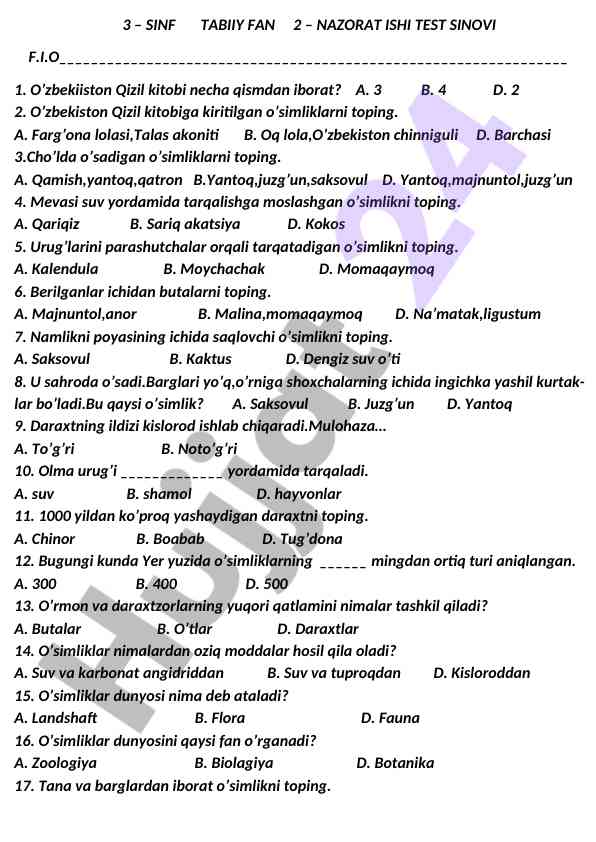 Tabiiy fan nazorat ishlari test sinovi
