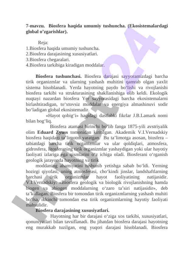 Biosfera haqida umumiy tushuncha va xususiyatlari