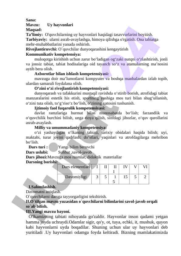 Uy hayvonlari haqida ta’limiy dars ishlanmasi