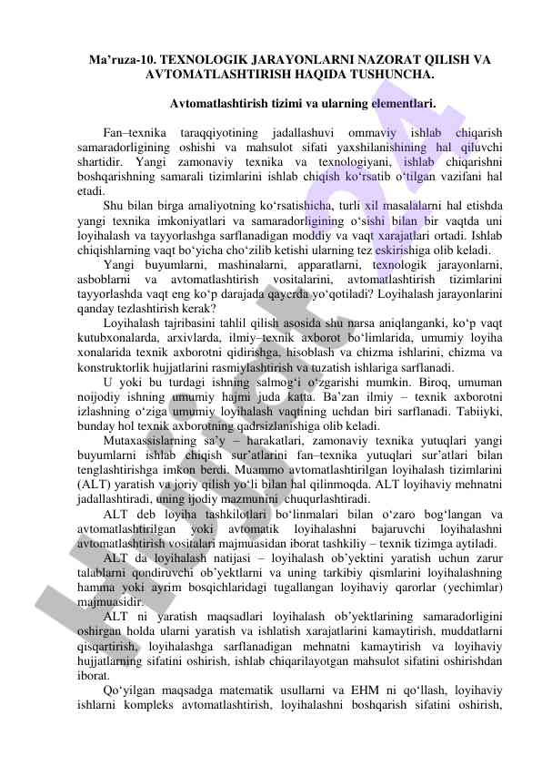 Texnologik jarayonlarni nazorat qilish va avtomatlashtirish