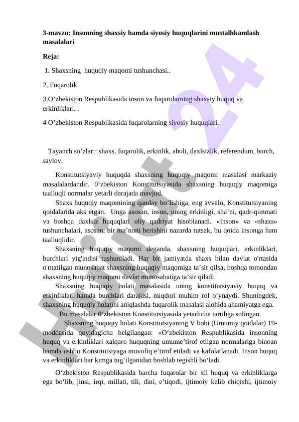Insonning huquqlari va erkinliklari masalalari