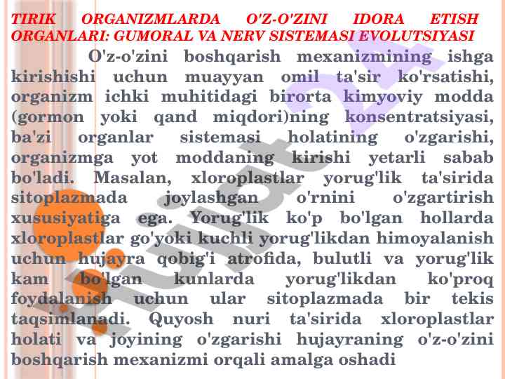 Tirik organizm va ularning o'zini idora etish