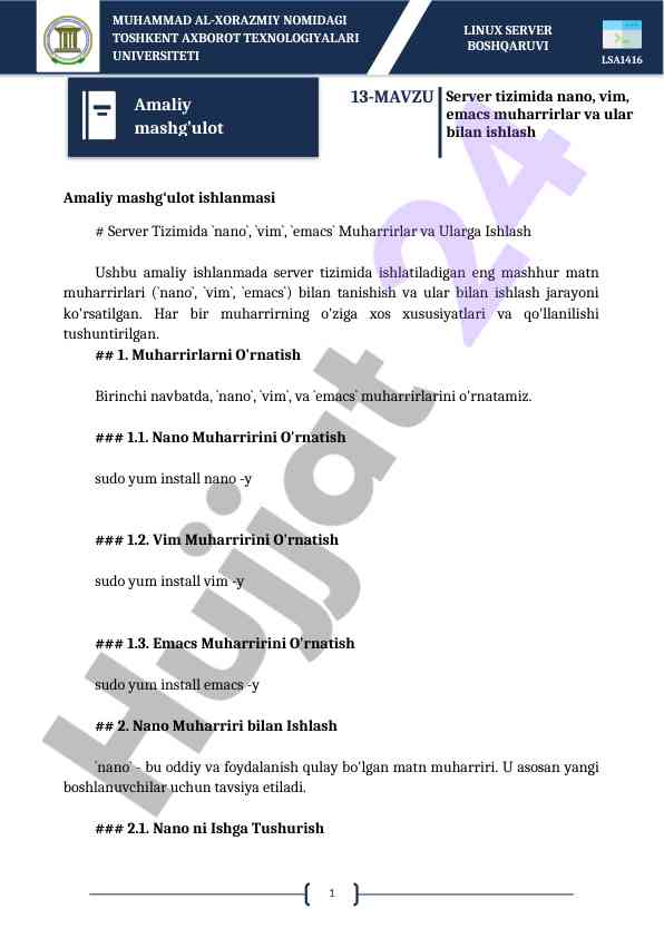 Server tizimida matn muharrirlari bilan ishlash