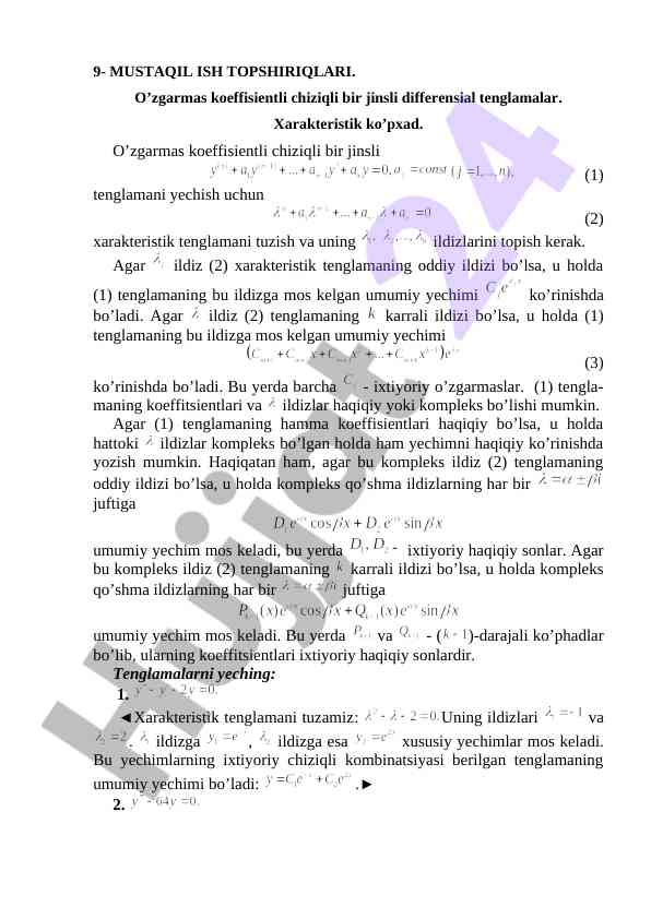 O’zgarmas koeffisientli chiziqli tenglamalar haqida