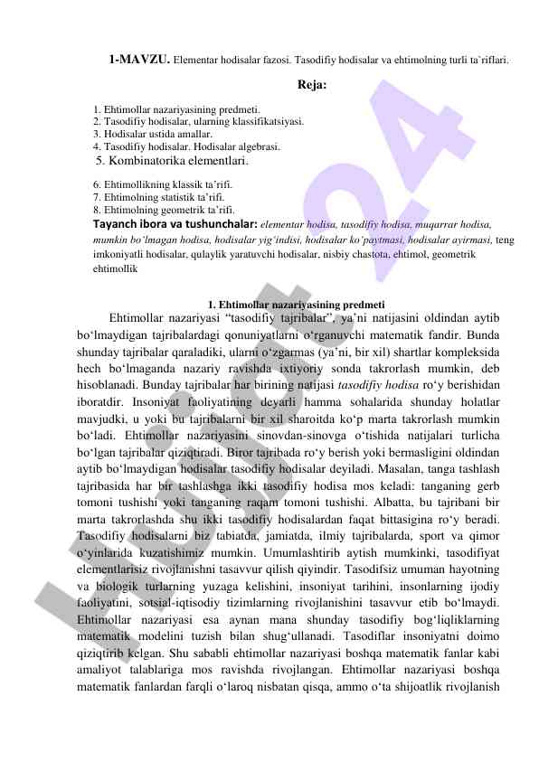 Ehtimollar nazariyasi va tasodifiy hodisalar