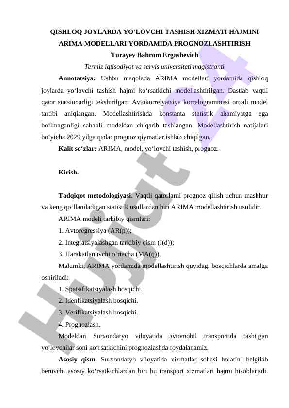Qishloq joylarda yoʻlovchi tashish hajmini prognozlash