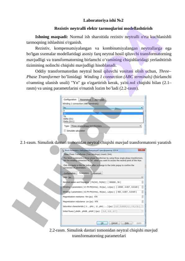 Rezistiv neytralli elektr tarmoqlarini modellashtirish
