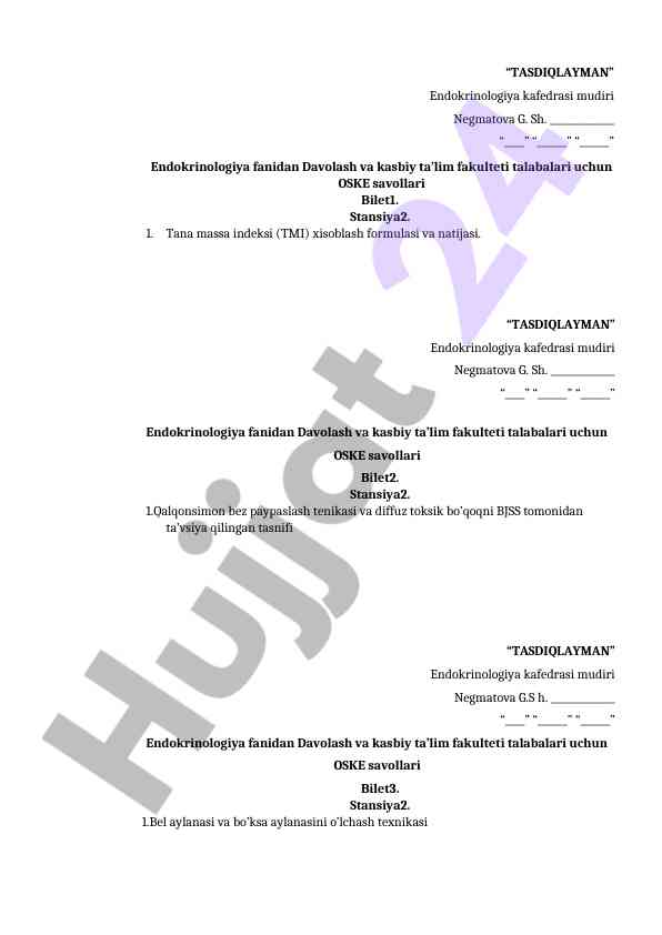 Endokrinologiya fanidan oske savollari biletlar