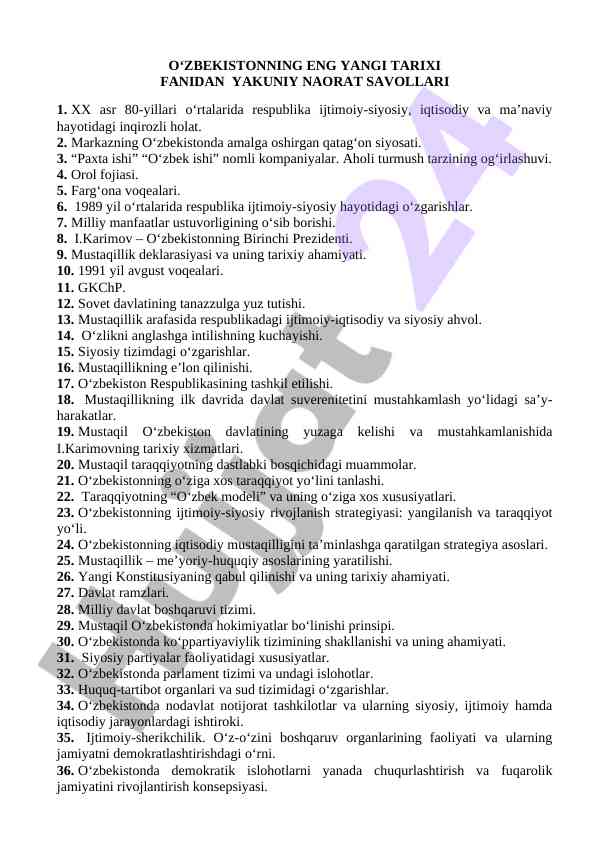 O‘zbekistonning eng yangi tarixi fanidan yakuniy savollar