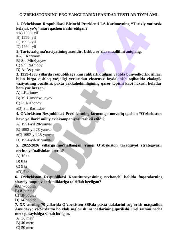 O’zbekiston tarixi fanidan testlar to’plami