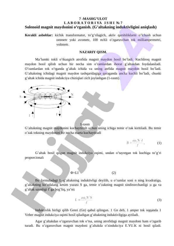 Solenoid magnit maydonini o’rganish laboratoriya ishlari