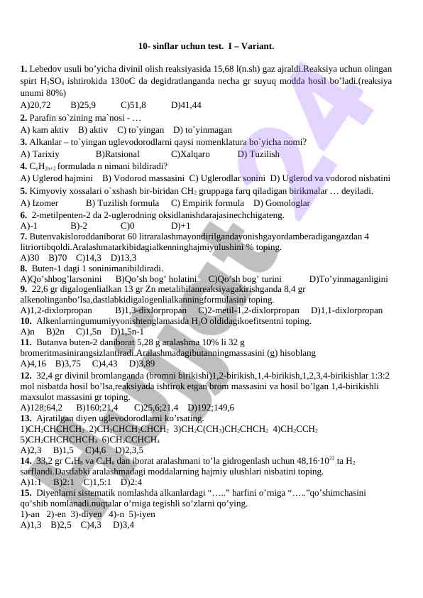 10-sinflar uchun test varianlari