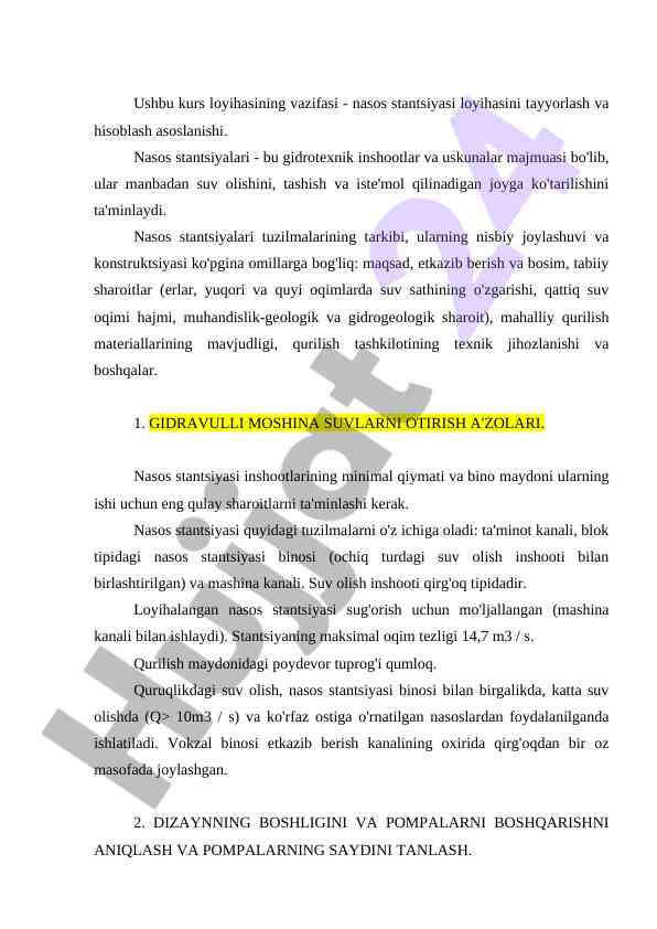 Nasos stantsiyasi loyihasini tayyorlash va hisoblash
