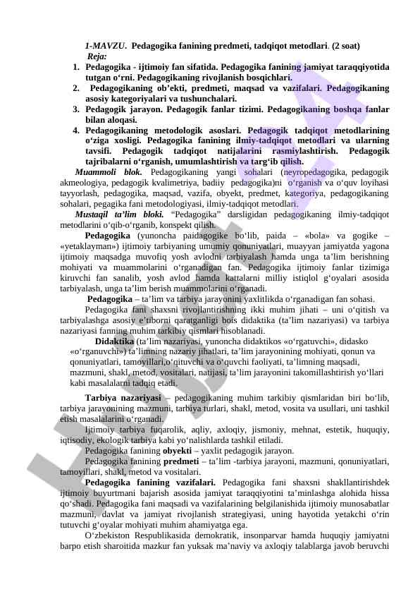 Pedagogika fanining predmeti va tadqiqot metodlari