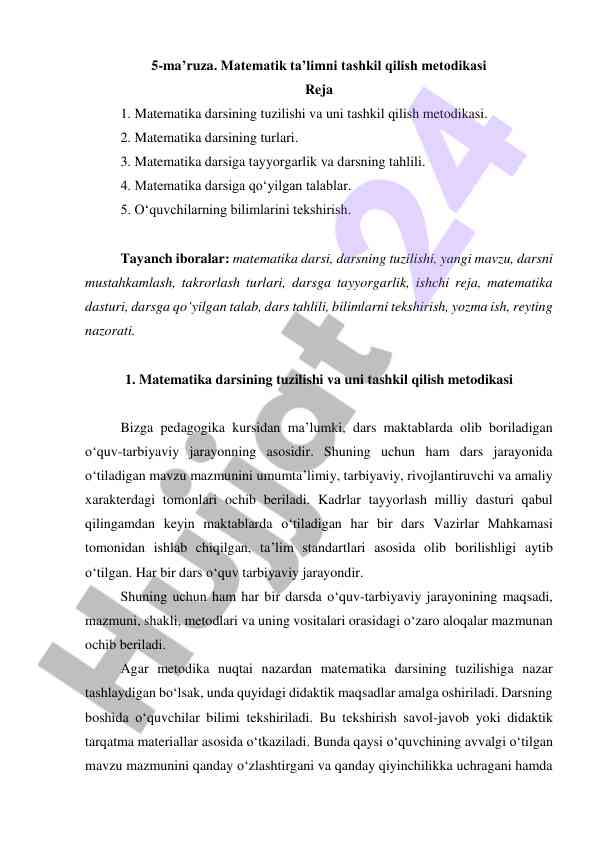 Matematika darsining tashkil qilish metodikasi