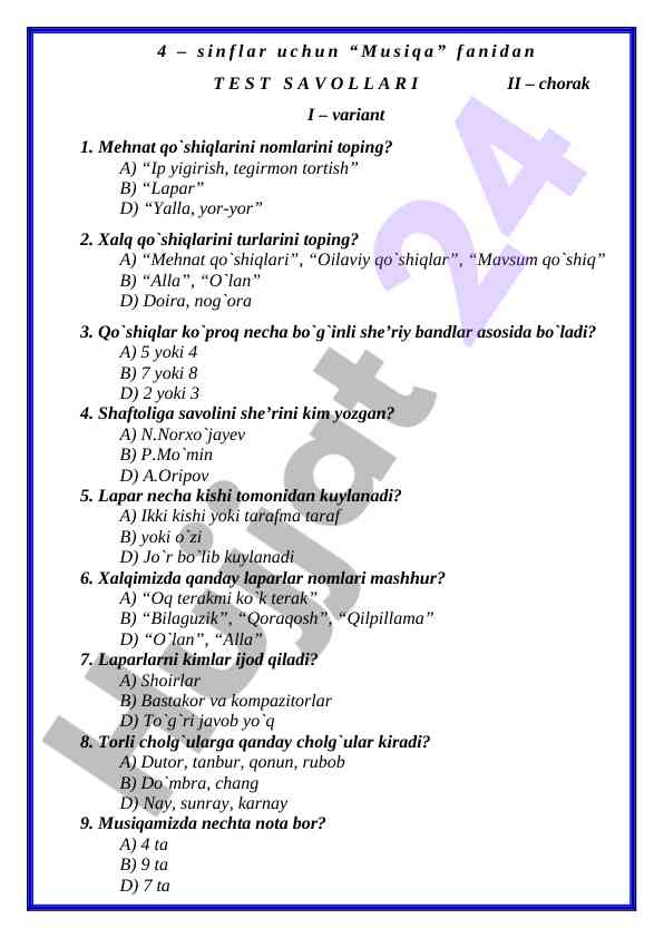 Musiqa fanidan test savollari 4-sinflar uchun