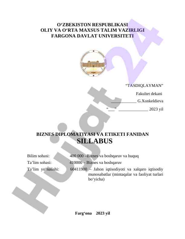 Biznes diplomatiyasi va etiketi fanidan sillabus