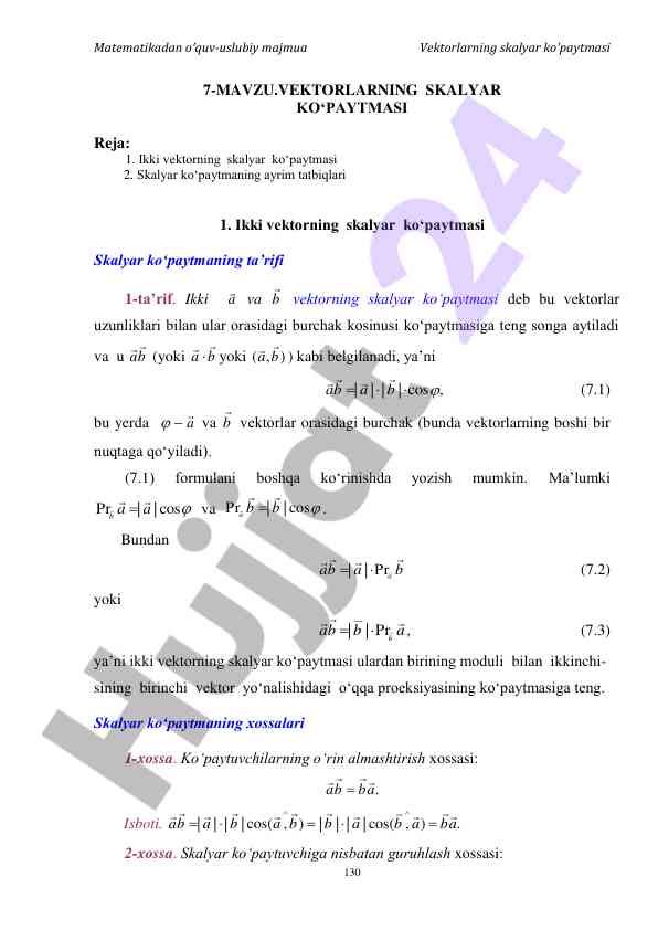 Matematikadan o‘quv-uslubiy majmua vektorlar