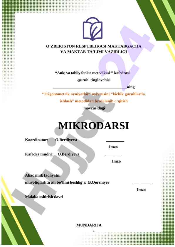 Trigonometrik ayniyatlar mavzusida mikro dars rejalashtirish