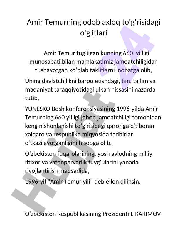 Amir Temurning Odob Axloq T'g'risidagi O'g'itlari