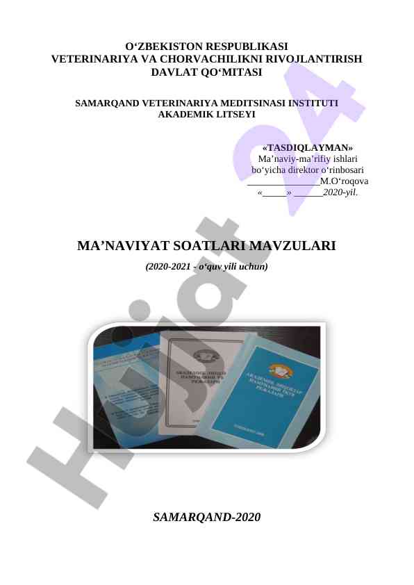 Ma'naviyat soatlari mavzulari o'quv yili 2020-2021