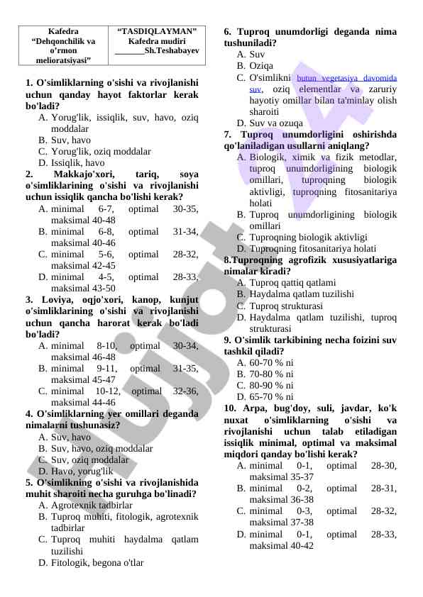 O'simliklarning o'sishi va rivojlanishi testi