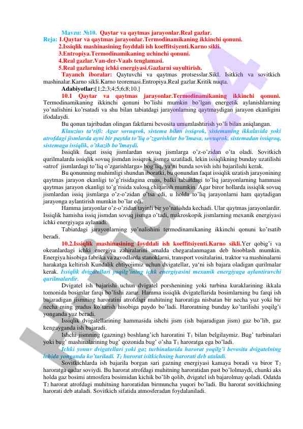 Qaytar va qaytmas jarayonlar va real gazlar