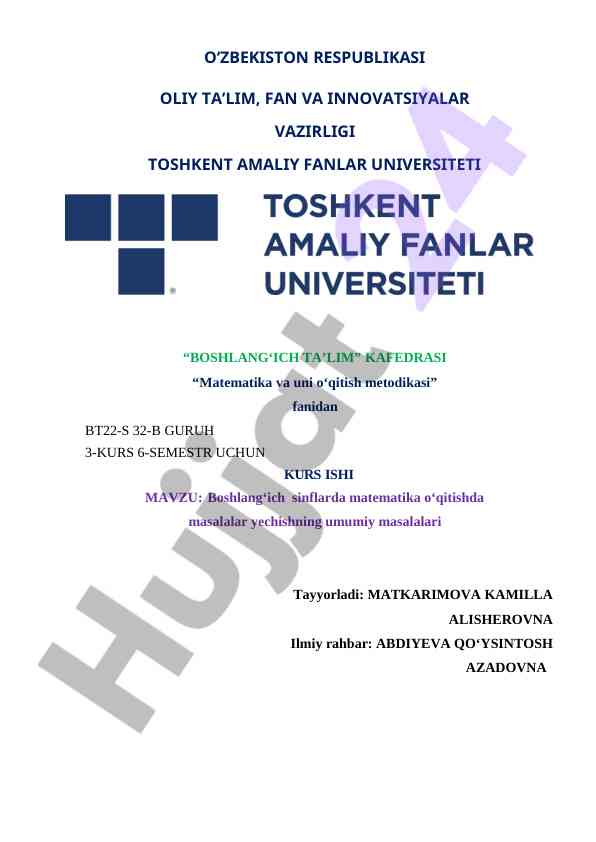 Boshlang‘ich sinflarda matematika o‘qitish metodikasi