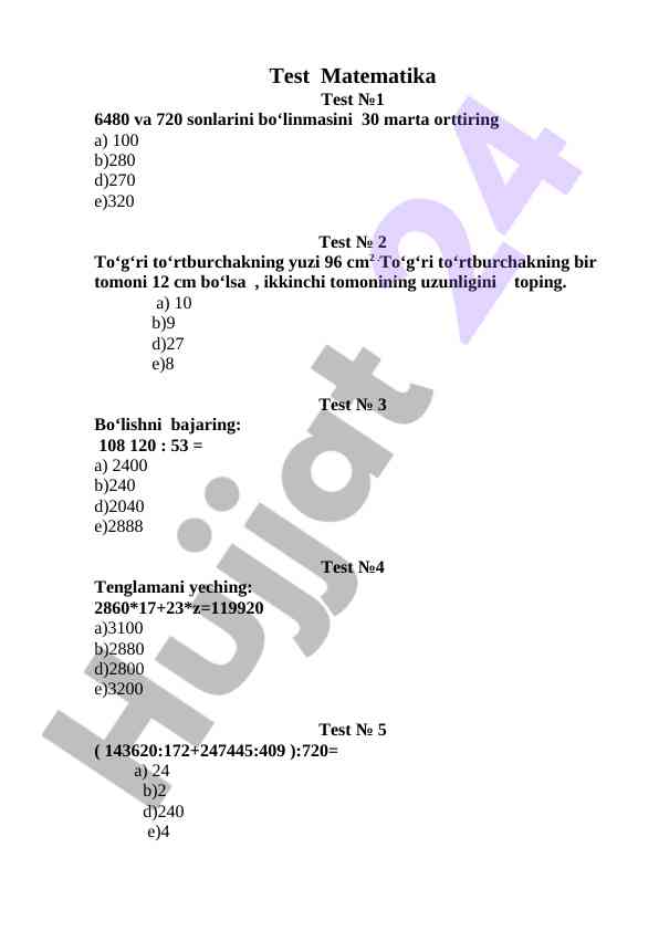 Matematika testlari va masalalari